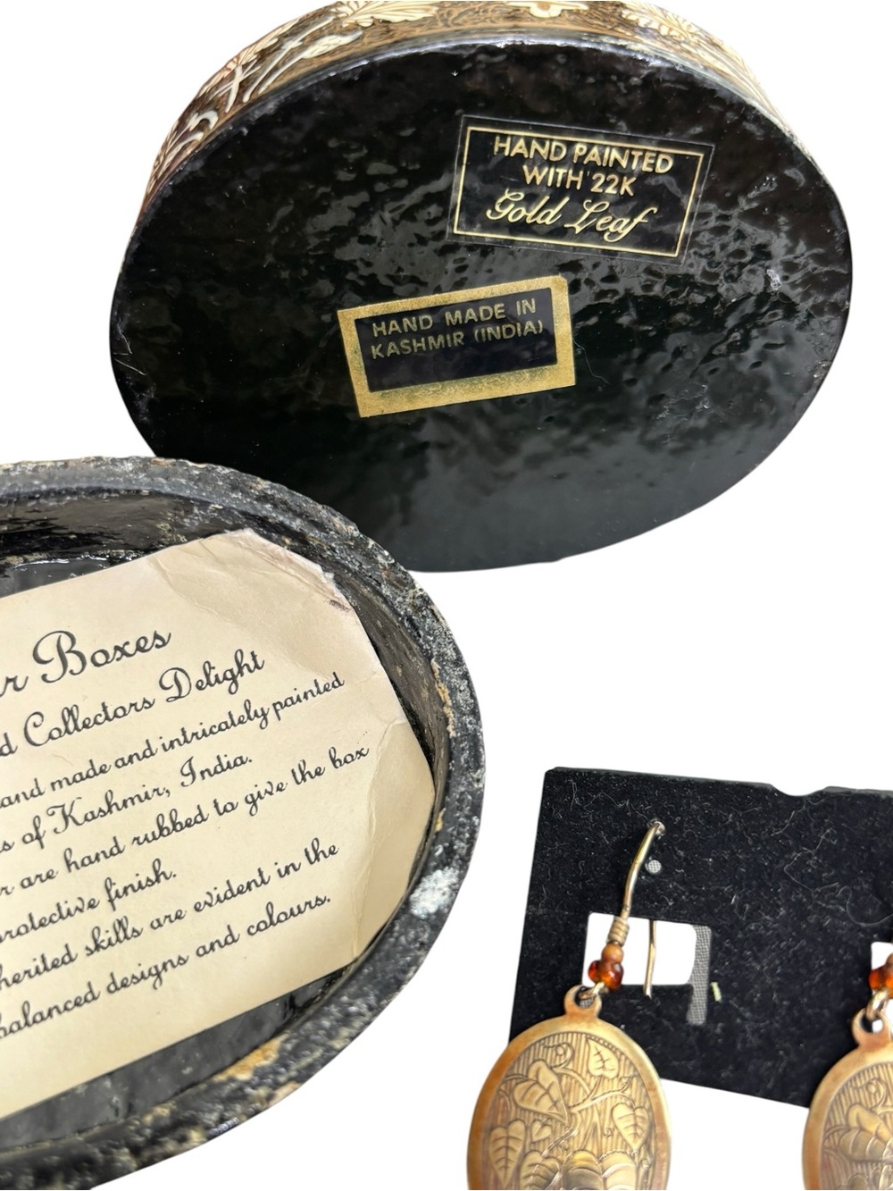 Vintage Kashmir India Hand Painted Trinket Box + Vintage Brass Etched earrings - Picture 8 of 9